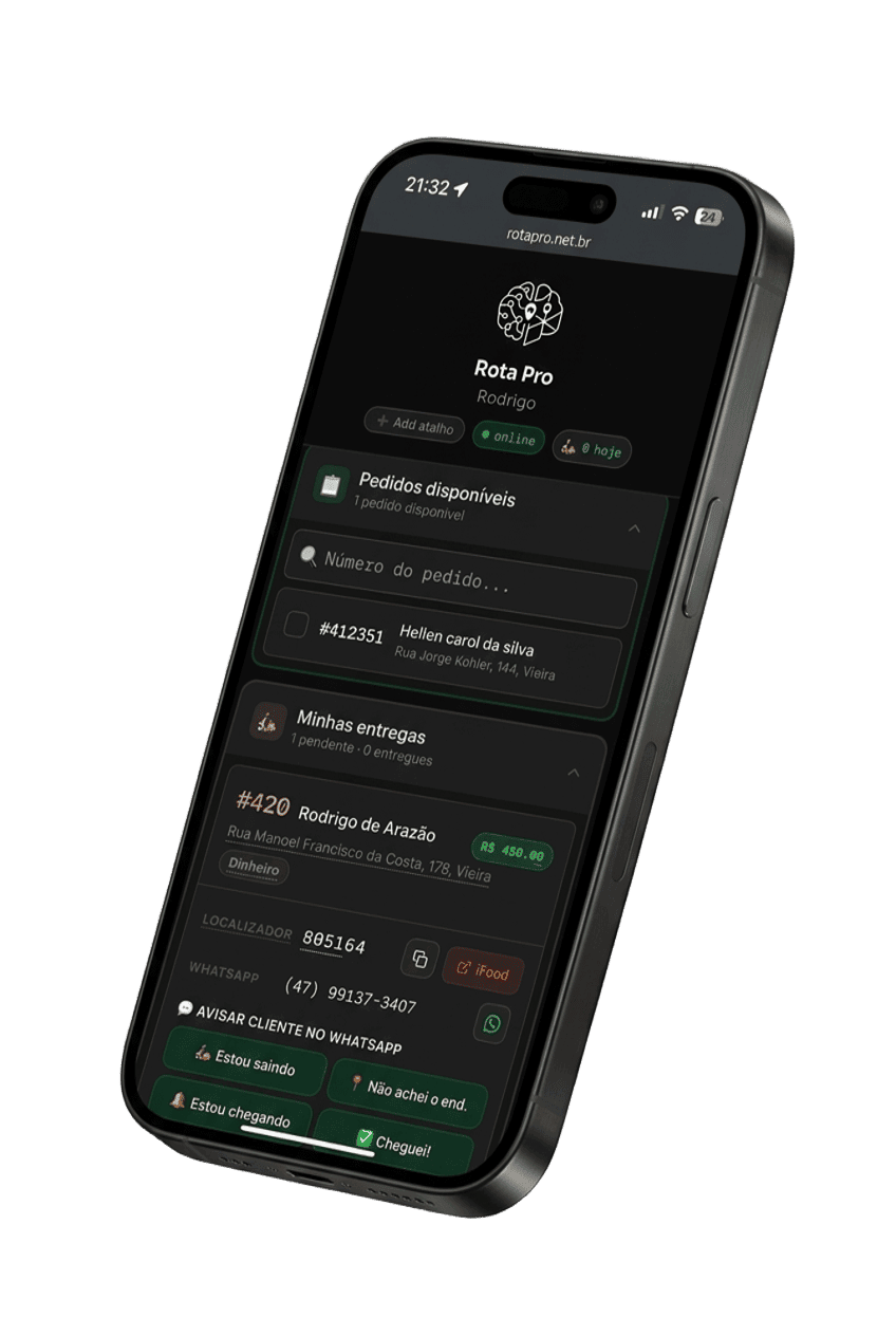 App motoboy Rota Pro — pedidos e rotas na tela